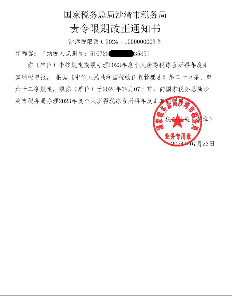 国家税务总局沙湾市税务局责令限改通知书(沙湾税 限改 〔2024〕000000003号)