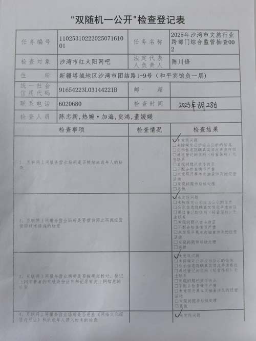 4.1红太阳网吧双随机一公开检查结果一